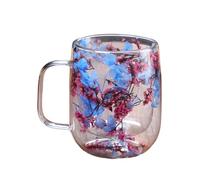 Double Wall Glass Coffee Mugs - Clear Walled Dried Flowers Cups with Handle for Sipping | Insulated Crystal with Floral Petals, Aesthetic Thermal Vessel, Kitchen Drinkware for Milk, Beer, Winter and Y