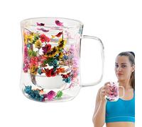 Double Wall Glass Coffee Mugs - Flower Double Wall Tea Cups | 400 ml Elegant Espressso Cups | Flower Glasss Tea Cup, Clear Dried Flowers Glass Coffee Mugs With Handle For Hot & Cold Beverages