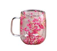 Double Wall Mugs, Clear Glass Cups, Coffee Mugs with Dried Flowers, Tea Cups with Insulated Handle, Elegant Drinkware Set, for Whiskey Milk Beer Winter Yard Balcony Outdoor Garden Picnic Party