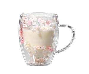 Double Walled Glass Coffee Mugs | 350ml Clear Double-Layered Flower Cups | Heat Resistant Aesthetic Mugs with Handle | Decorative Coffee Mug for Hot and Cold Beverages, Perfect for Home and Gifting