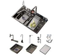 Double Waterfall Kitchen Sink with LED Display Ambient Light Cup Washer Soap Distributeur & Counter Control Drain - Gun Grey 75 x 45 cm Complete Accessories Set