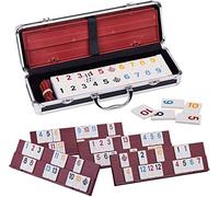 Doublefan Ensemble de jeu rami grande taille avec 106 carreaux et quatre étagères de jeu à 2 niveaux dans un étui en aluminium, ensemble de jeux Rummy Cube pour voyage/camping (2 à 6 joueurs)