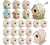 DoubleFill Lot de 48 nichoirs en bois en vrac pour enfants, maisons en bois pour bricolage inachevé à suspendre, maisons d'artisanat en bois à peindre en famille pour donner aux enfants à concevoir