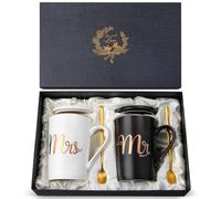 Doublewhale Cadeau Mariage Couple Mr Mrs Tasse à Café en Céramique, Coffrets Cadeaux avec Couvercle et Cuillère, pour Mariée et Le Marié Couple - 14 Oz Noir et Blanc