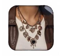 Doubnine Collier plastron vintage en argent avec pendentif en forme de cœur, chaîne multi-pendentifs, style antique, 35,6 cm, métal, cristal, 14.0 Inches, Métal, Cristal