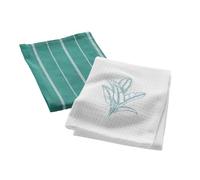 Douceur d'Intérieur, 2 Torchons (50 x 70 cm) Botanique Vert, Coton Tissé & Nid d'abeille Brodé