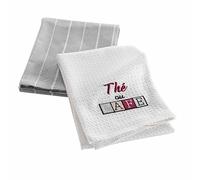 Douceur d'Intérieur, 2 Torchons (50 x 70 cm) Dejeuner Gris, Coton Tissé & Nid d'abeille Brodé