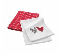 Douceur d'Intérieur - Torchons Suzette - Lot de 2 50x70 cm Coton tissé et nid d'abeille brodé Rouge