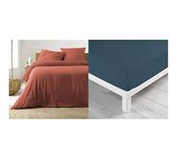 Douceur d'Intérieur, Parure 3 Pièces 260 x 240 cm Gaze Coton Angelia Terracotta, 100% Coton Jumeau XL 1642650 Drap Housse 2 Personnes, Coton, Bleu Nuit, 160 x 200 cm