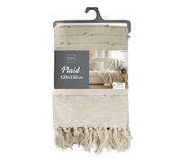 Douceur d'Intérieur, Plaid à Franges (125 x 150 cm) Golden Sunset Blanc, Coton Uni et Fils Coupés