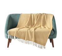 Douceur d'Intérieur, Plaid à Franges (125 x 150 cm) Louisette Jaune, Coton Tissé