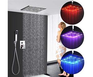 Douche à effet de pluie dissimulé à LED 30 * 30 CM Pommeau de douche Douche à effet de pluie Pulvérisateur de plafond Raccord encastré Changements de couleur en fonction de la température de l'eau