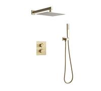 Douche à effet pluie classique de 25,4 cm, ensemble de mitigeur de douche mural doré brossé avec pommeau de douche, douchette à main, boîte intégrée