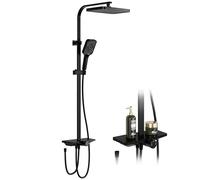 Douche à effet pluie, sans robinetterie, avec étagère, système de douche avec pommeau de douche en acier inoxydable, colonne de douche réglable, douchette de tête, carrée, 25 x 25 cm, noire