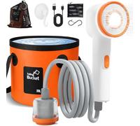 Douche Camping Portable avec Pompe & Éclairage LED - Kit Douche avec Seau Pliable 20L, Filtre Charbon Actif, 3 Modes Jet + 4 Modes Lumière, Tuyau 2m, USB-C - Douche Chauffante Camping Car Extérieure