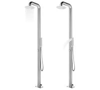 Douche de jardin en acier inoxydable avec plaque de fond marron 230 cm de hauteur, pommeau de douche 25 cm, tuyau de douche 1,5 m, sol WPC 110 x 62 cm, pour piscine de jardin, piscine, jacuzzi