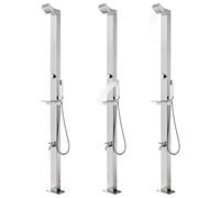 Douche de jardin en acier inoxydable avec plaque de sol WPC grise de 225 cm de hauteur, douchette à main, robinet de lavage des pieds pour piscine de jardin, jacuzzi, piscine hors sol