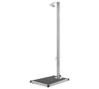 Douche de jardin en acier inoxydable, plaque de sol WPC grise de 220 cm de hauteur, douche extérieure avec pommeau de douche et robinet de lavage des pieds pour piscine de jardin, jacuzzi, piscine