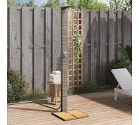 Douche de jardin grise 50 x 55 x 224 cm en polyrotin et bois d'acacia avec cadre en acier et douchette pour l'extérieur, douche autoportante avec sol à lattes et design rustique