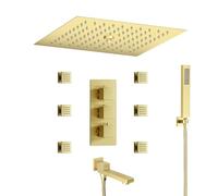 Douche Encastré Système Encastré Thermostatique, Multifonctionnel LED Colonne de Douche avec 30x30 cm Tête de Douche, Robinet de Baignoire, 6pcs 50 mm Buse de Massage, Douchette À Main, Or Brossé