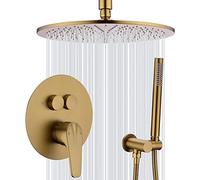Douche Ensemble brossé Gold Bouton Plafond Diverter Plafond monté 10-12 Pouces en Laiton Round Roundfall and Manched Shower Trim Kit avec soupape, Systèmes de Douche de Luxe, 12 Pouces