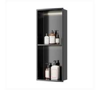 Douche murale LED en acier inoxydable avec rangementÉtagère de douche intégrée pour salle de bain Pas besoin de carrelage Noir 70 x 28 x 12,5 cm