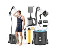 Douche portable avec chauffage 1500 W Chauffe-eau de camping avec pommeau de douche 3 modes de pulvérisation, pompe de douche rechargeable 6000 mAh avec écran LED, seau pliable pour randonnée