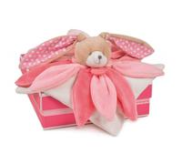 Doudou et Compagnie - Doudou Lapin Plat - Doudou Format Carré Pétale - 28 cm - Rose - Idée Cadeau De Naissance Bébé Fille - Doudou Collector avec Boite Cadeau - Garantie Doudou Perdu - DC2791