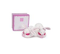 Doudou et Compagnie - Coffret Chaussons avec Hochet - Lapin Cerise - Boite Cadeau - Blanc et Rose - De 0 à 6 Mois - Doux et Chaud - Idée Cadeau Naissance Fille - DC2702