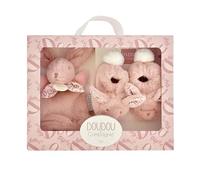 DOUDOU ET COMPAGNIE - Coffret Naissance Lapin Doudou rose avec Chaussons Bébé Coordonnés - Peluche Doudou Douce dès la Naissance - Boîte Cadeau pour Offrir - Idée Cadeau Mixte - DC4259