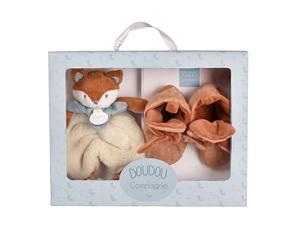 Doudou et Compagnie - Coffret Naissance Timo Renard avec Chaussons 0-6 Mois + Doudou Bébé Plat 18 cm Ultra Doux en Coton - Ensemble Premier Âge Raffiné - Idée Cadeau Naissance Mixte - DC4696