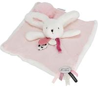 DOUDOU ET COMPAGNIE - Doudou Carré Lapin - 25 cm - Collection Happy Blush - Rose - Pompon Rubans Tissés Touche de Lange - Idée Cadeau Naissance Filles Garçons - Peluche Éveil de l'Enfant - DC3744