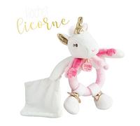 DOUDOU ET COMPAGNIE - Doudou Hochet Bébé Licorne avec Doudou Mouchoir - 17 cm - Blanc/Rose - Collection Lucie La Licorne - Avec Jolie Boîte Cadeau à Offrir - Idée Cadeau Naissance Bébé - DC3310