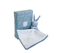 DOUDOU ET COMPAGNIE - Doudou Lapin Bleu avec Boite Cadeau pour Offrir - Doudou Peluche Bébé Ultra Doux avec Mouchoir Blanc à Motif Fleur - Idée Cadeau Naissance Filles Garçons - DC4362
