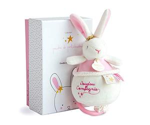 Doudou et Compagnie - Doudou Lapin Boîte à Musique - Cadeau Naissance idéal pour Bébé Fille - Kit Naissance Doudou Musical Lapin Etoile - Rose - 17 cm - Pelidoudou - DC3519