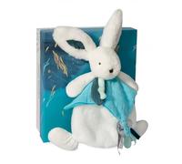 Doudou et Compagnie – Doudou lapin plat 25 cm Collection Happy Pop blanc/bleu pompon paon DC3745