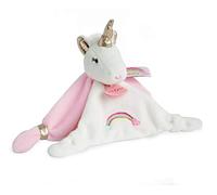 DOUDOU ET COMPAGNIE - Doudou Plat Licorne Carré - 20 cm - Rose/Blanc/Doré - Collection Lucie la Licorne - Tout Doux Pour Bébé- Idée Cadeau Naissance - Boite Cadeau - Garantie Doudou Perdu - DC3312