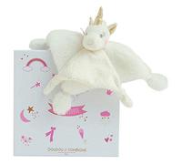 DOUDOU ET COMPAGNIE - Doudou Plat Licorne Carré - 22 cm - Or/Blanc - Collection Lucie la Licorne - Tout Doux Pour Bébé - Idée Cadeau Naissance - Avec Boite Cadeau - Garantie Doudou Perdu - DC3275