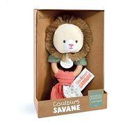 DOUDOU ET COMPAGNIE - Éveil Sensoriel Grelot - 15 cm - Collection Hochet Lion Bois Naturel/Couleurs Savane - Idée Cadeau Naissance Filles Garçons - Peluche pour Stimulation de l'Enfant - DC4067