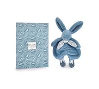 DOUDOU ET COMPAGNIE - Lapin Doudou bleu - Peluche Ultra Douce avec Foulard Fleuri - Doudou Plat Bébé Fille dès la Naissance - Garantie Doudou Perdu - Idée Cadeau - DC4147