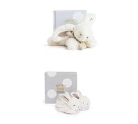 Doudou et Compagnie Lot Lapin Bonbon Taupe 16cm + Chaussons Hochet 0-6 Mois - Boîtes Cadeaux - Doux - Naissance Fille/Garçon - Garantie Doudou Perdu