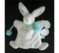 . DOUDOU ET COMPAGNIE MARIONNETTE LAPIN POMPON BLANC BLEU VERT 100% NEUF