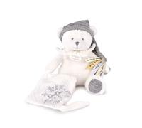 DOUDOU ET COMPAGNIE - Pantin Ours ARGENT avec Attache-Sucette - Peluche Collector 25 Ans - Doudou Peluche Bébé Ultra Doux en Mousseline - Idée Cadeau Naissance - Garantie Doudou Perdu - DC4335