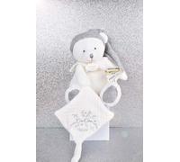 DOUDOU ET COMPAGNIE - Pantin Ours ARGENT avec Attache-Sucette - Peluche Collector 25 Ans - Doudou Peluche Bébé Ultra Doux en Mousseline - Idée Cadeau Naissance - Garantie Doudou Perdu - DC4335