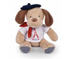 DOUDOU ET COMPAGNIE - Peluche Chien Marinière Tour Eiffel - 28 Cm - Collection Amour de Paris - Doudou Peluche à Câliner Avec Béret & Foulard - Idée Cadeau Souvenir pour Enfants & Adultes - SP4290