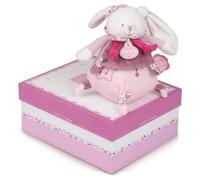 DOUDOU ET COMPAGNIE - Peluche Doudou Musicale Bébé Lapin Cerise - 17 cm - Blanc & Rose - Boîte à Musique Bébé avec Mélodie Apaisante - Idée Cadeau Naissance - Garantie Doudou Perdu - DC2704
