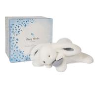 Doudou et Compagnie – Peluche lapin Pompon Happy Glossy 25 cm Blanc/Bleu – Jolie boîte cadeau