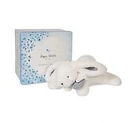 Doudou et Compagnie – Peluche lapin Pompon Happy Glossy 25 cm Blanc/Bleu – Jolie boîte cadeau