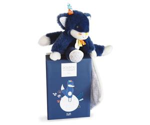 DOUDOU ET COMPAGNIE - Peluche Loup Avec Doudou Mouchoir - 21 cm - Couleur Bleu - Peluche Pantin Collection Tiwipi - Idée Cadeau pour Enfants dès la Naissance - Garantie Doudou Perdu - DC3632