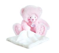 Doudou et Compagnie - Peluche ourson Trop Mimi DC3551 - 22 cm avec doudou mouchoir, rose